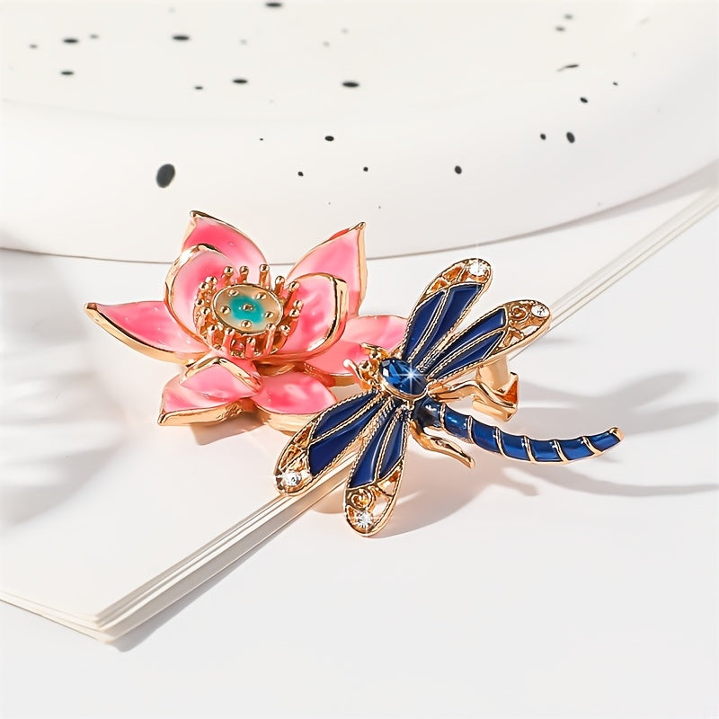 Enamel Lotus Flower and Dragonfly Brooch with Rhinestones Women Fashion Accessory