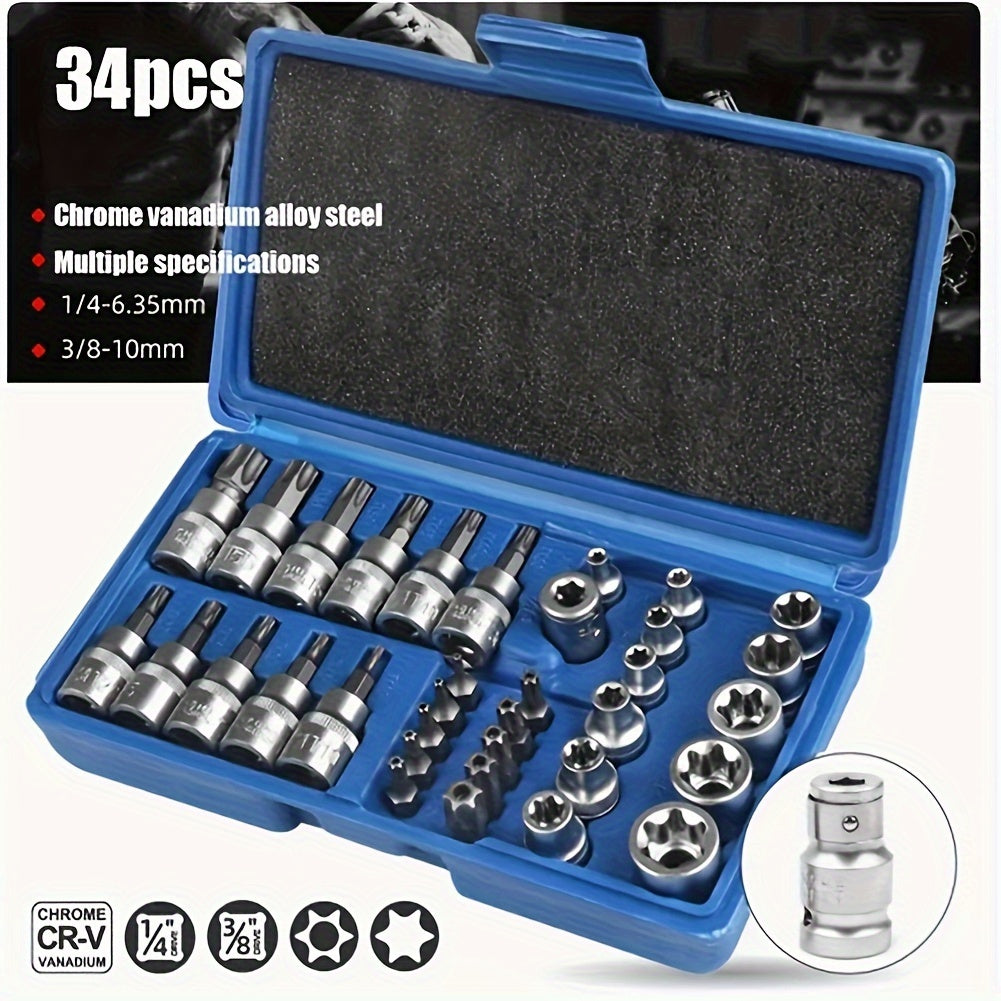 34-Piece E-Torx Star Socket Set Chrome Vanadium Steel Durable Tools