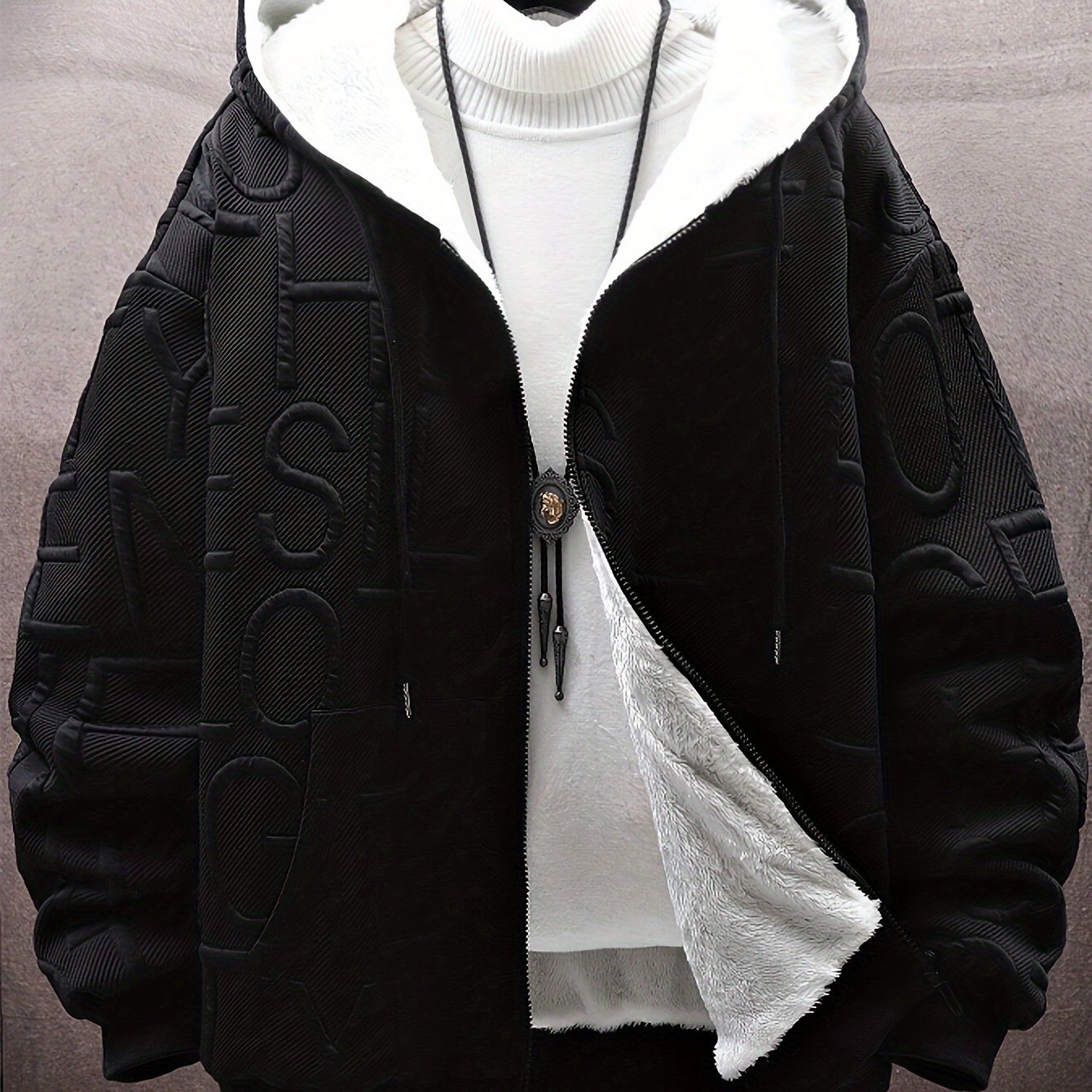 Black and White Letter Print Hooded Jacket for Men with Plush Lining Fall Winter Casual Streetwear
