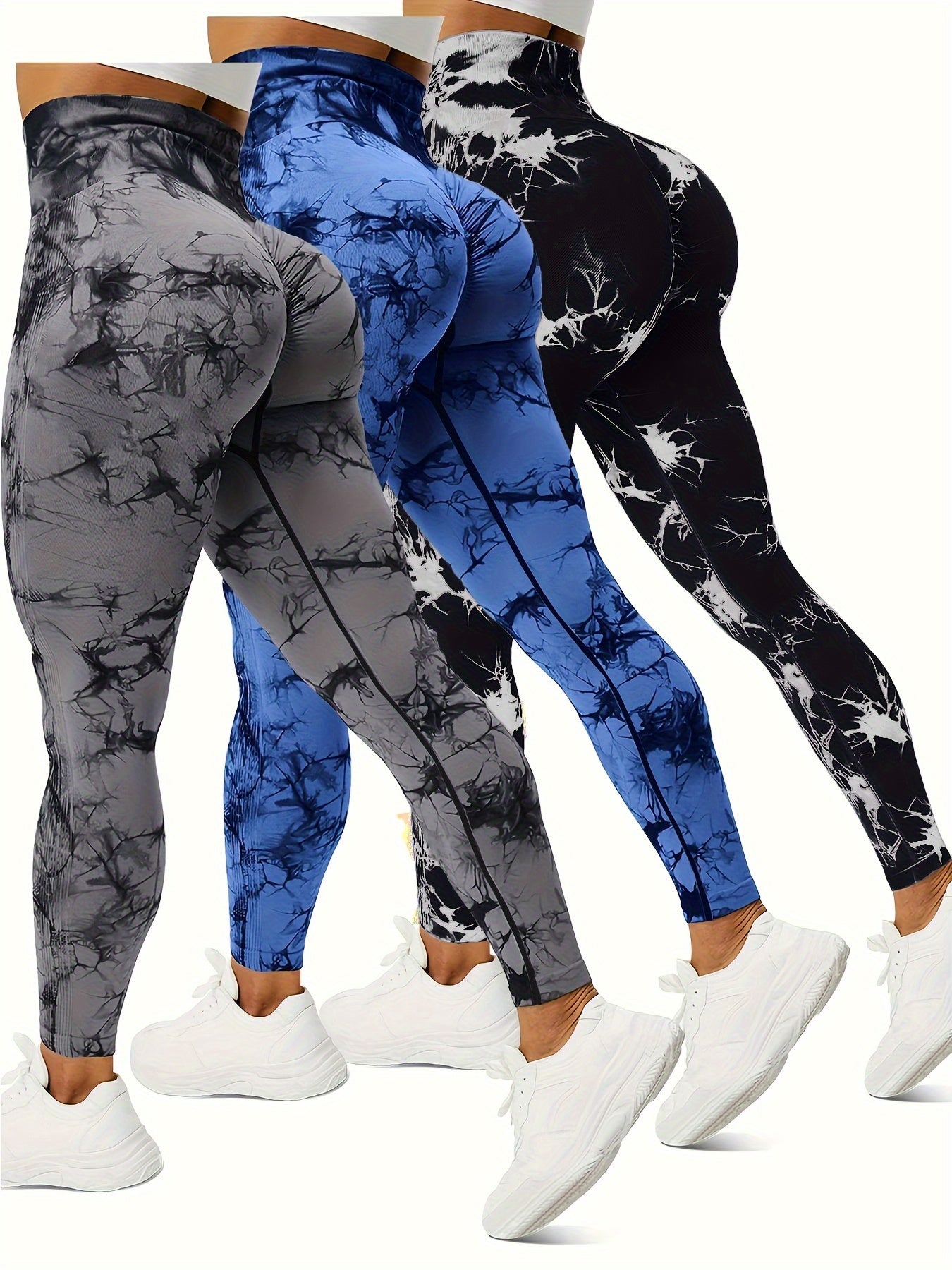 Women's Seamless High-Waisted Leggings with Tie-Dye Marble Print for Yoga and Fitness