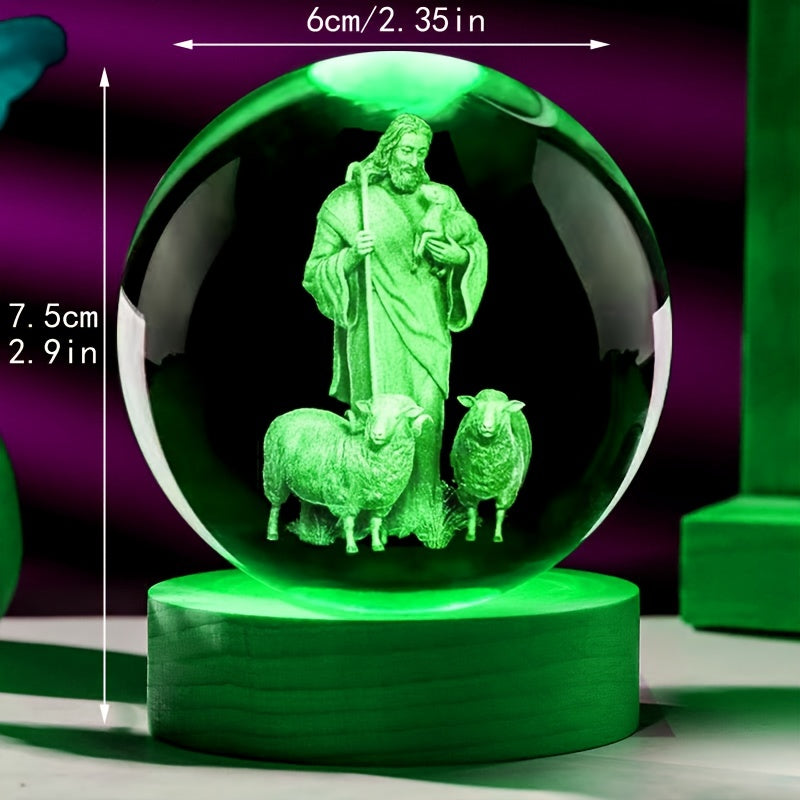 Lámpara de cristal grabada en 3D con Jesús El Buen Pastor, luz nocturna religiosa, recuerdo de iglesia