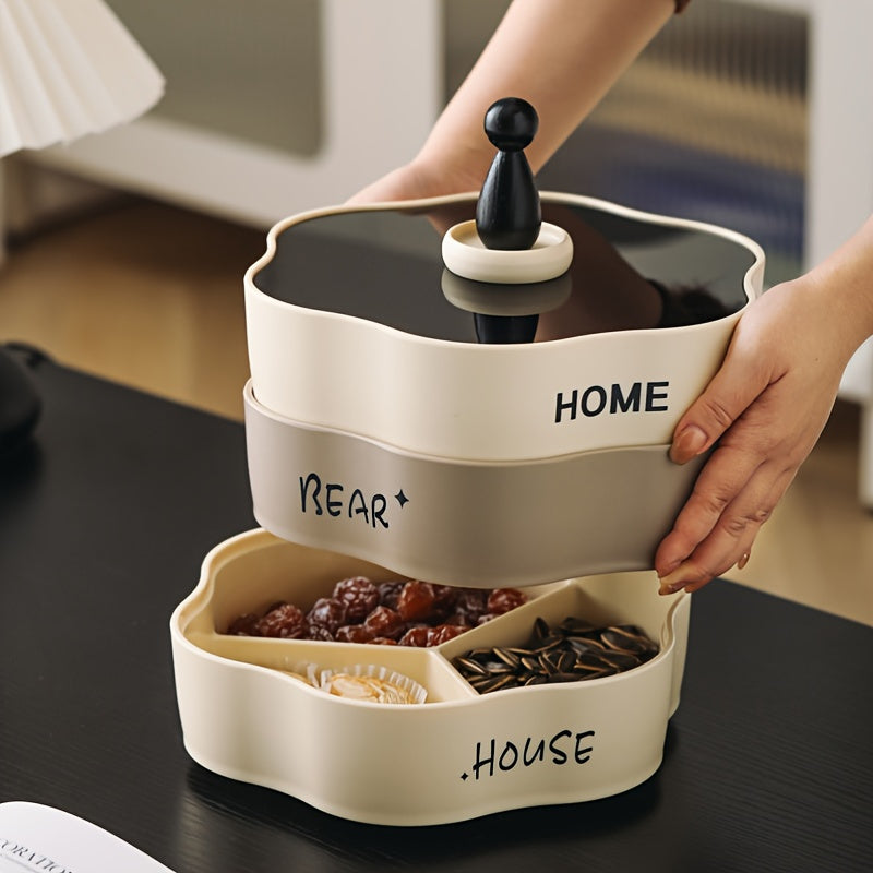 Yuqori sifatli aylanuvchi snack tashkilotchisi bo'linmalar bilan - quruq mevalar, shirinliklar va yong'oq uchun ko'p qavatli plastik idish - uy va yashash xonasi saqlashida oziq-ovqat bilan aloqa uchun xavfsiz.