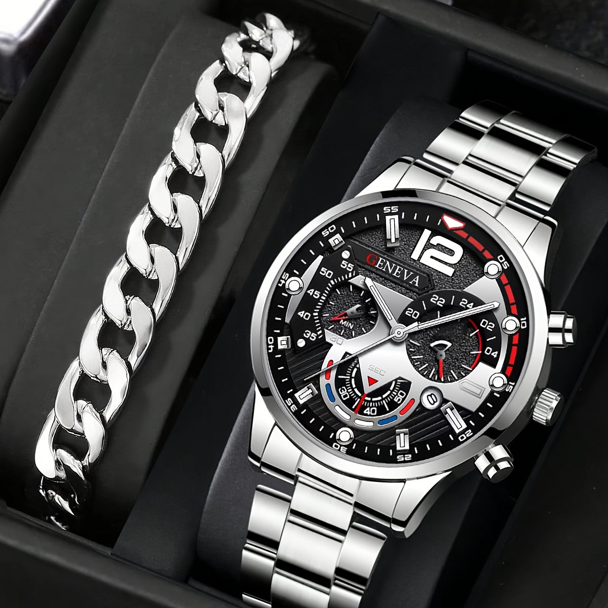 Men's Stainless Steel Quartz Watch with Calendar and Business Bracelet