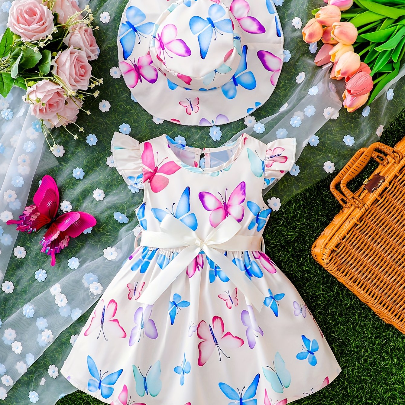 Toddler Girls Butterfly Print Summer Dress with Flutter Sleeves and Matching Hat