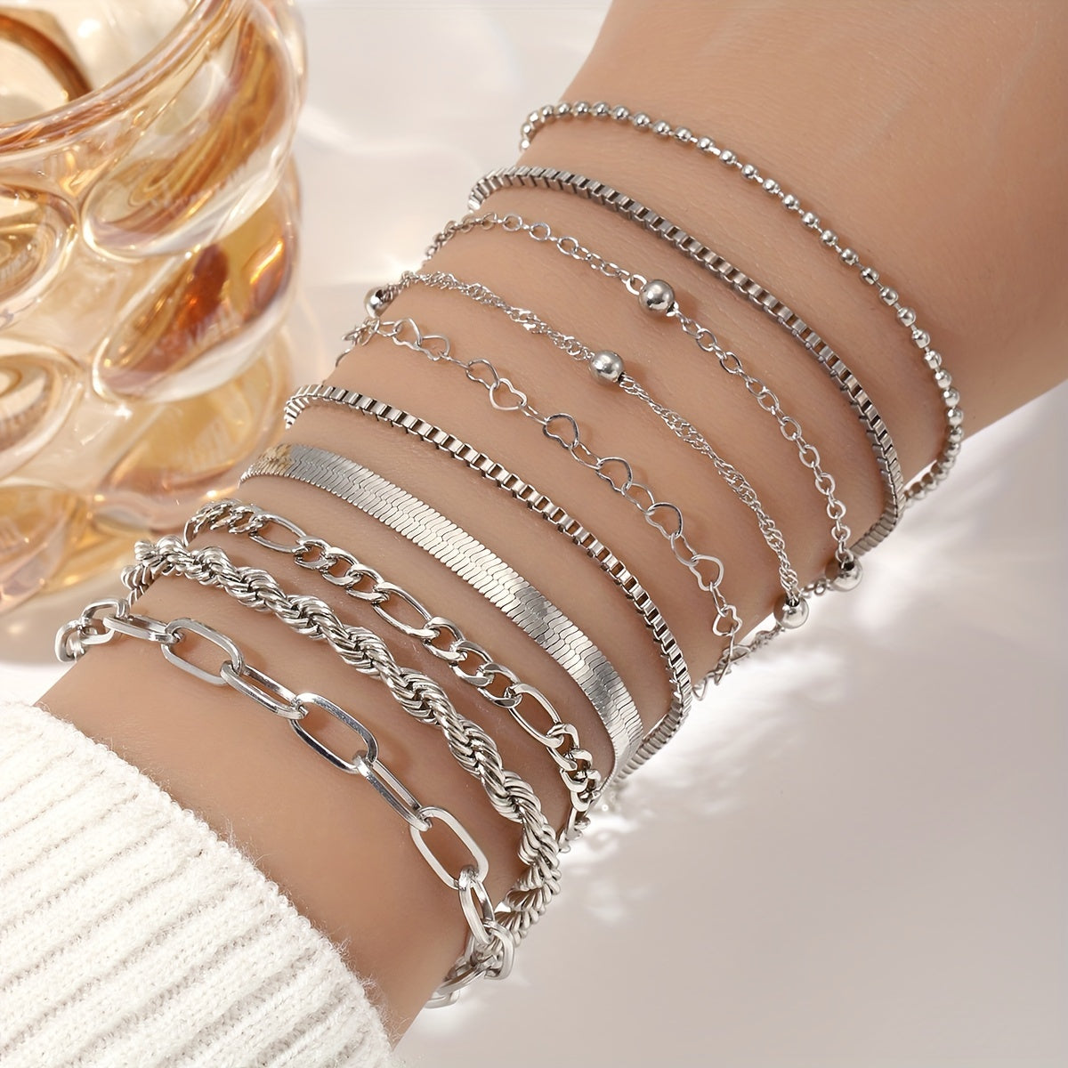 Set of 10 Women's Stacking Bracelets with Twist and Snake Chain Design in Zinc Alloy