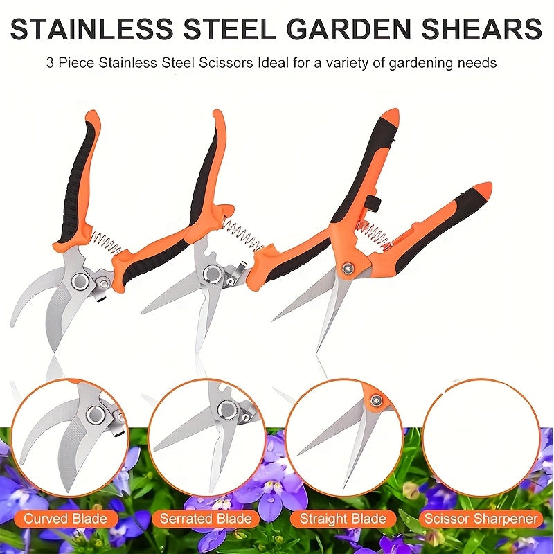 3-Piece Stainless Steel Garden Pruning Shears Set Non-Slip Handles High-Tension Springs Modern Blades