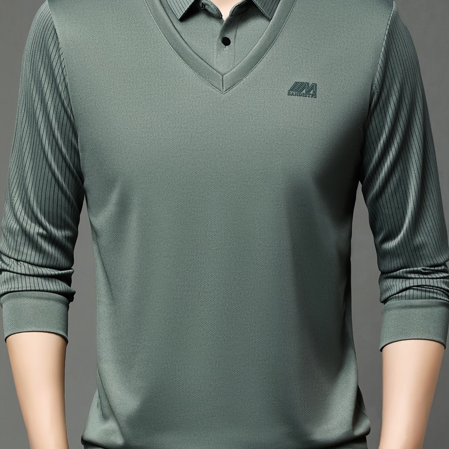 Chiziqli Erkaklar Golf Ko'ylagi, Soxta Ikki Qismli Dizayn, Bahor va Kuz Tashqi Kiymish uchun Uzun Qoltiq Ko'ylak