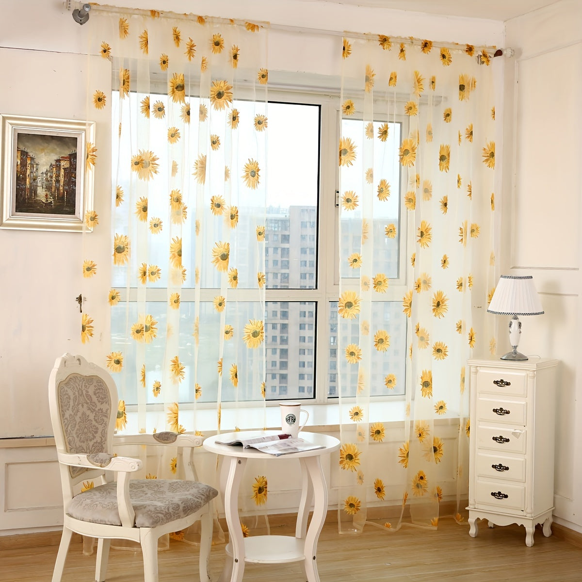 Sunflower Printed Sheer Curtain with Flower Design for Bedroom Living Room Office