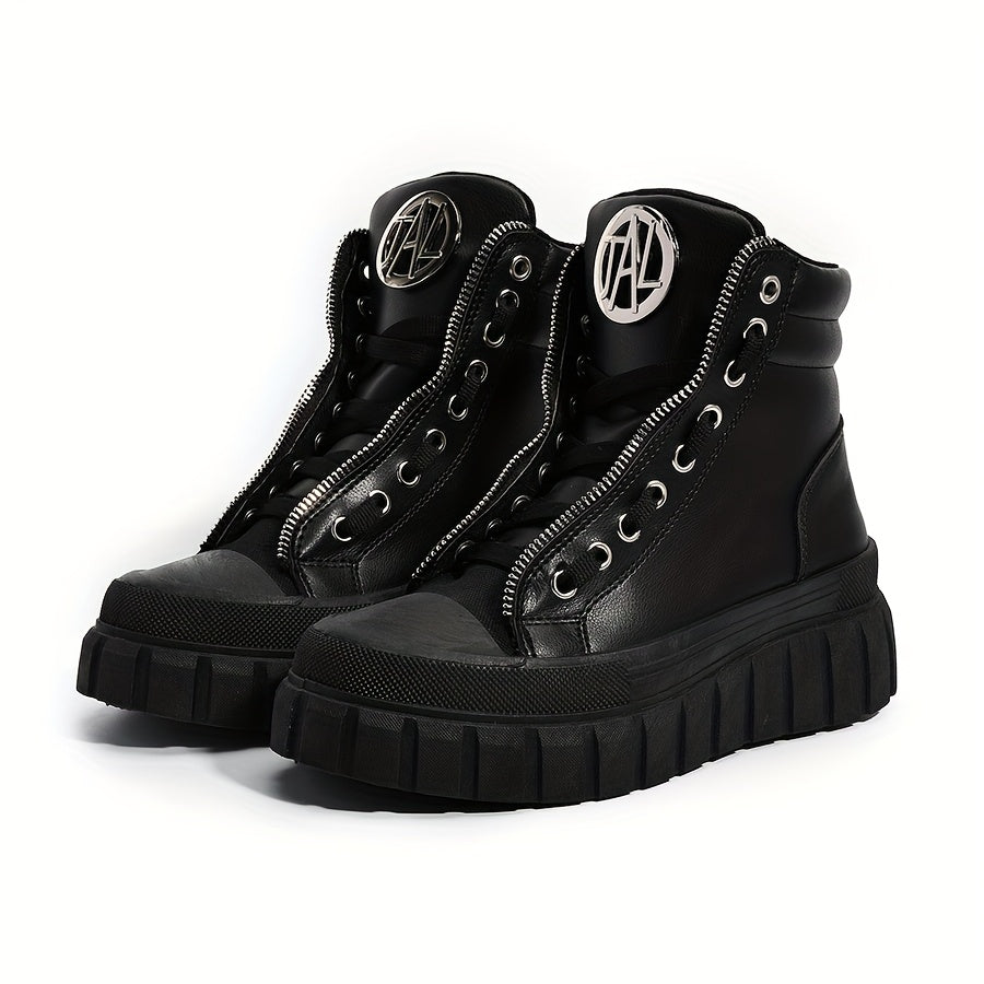 Women's Black High-Top Platform Boots with Zipper and Metallic Accents