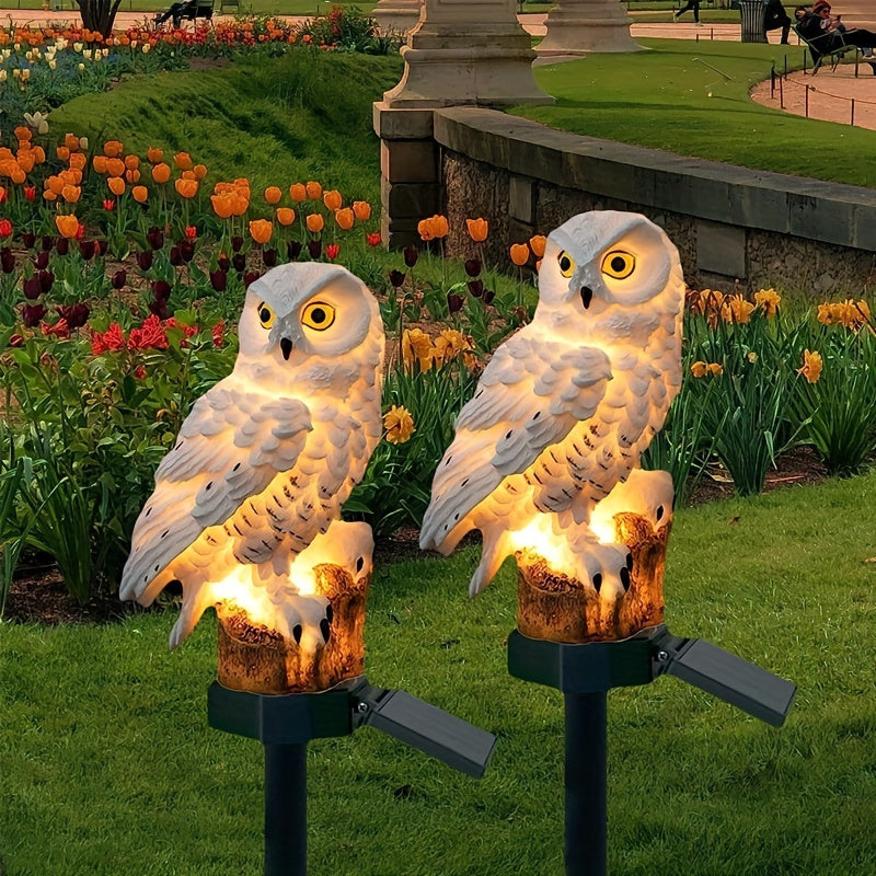 Solar-Powered Owl Garden Lights Set of Two Resin Outdoor Decor with Remote Control