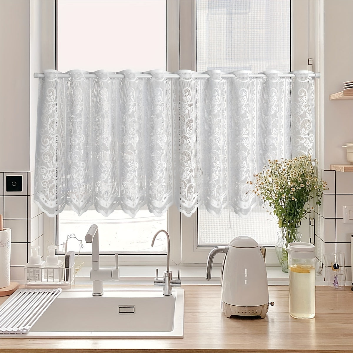 White Lace and Floral Mesh Cafe Curtain for Kitchen and Window Decor