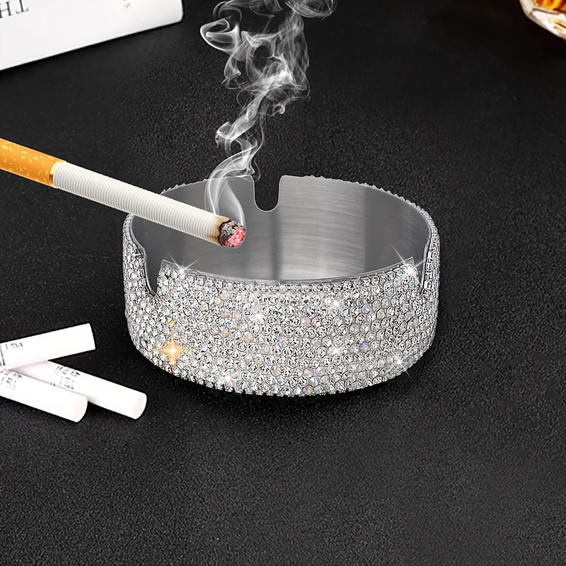 Unisex Rhinestone Studded Stainless Steel Ashtray for Home and Bar Use