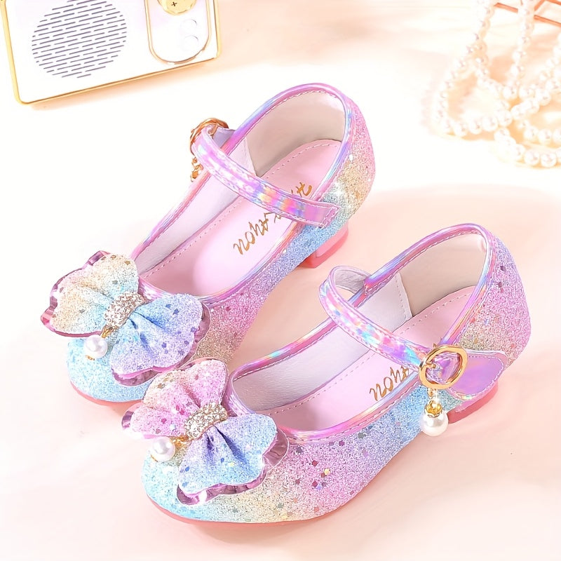 Girls Sequin High Heels with Bowknot Glittery Pastel Colors for Parties and Performances