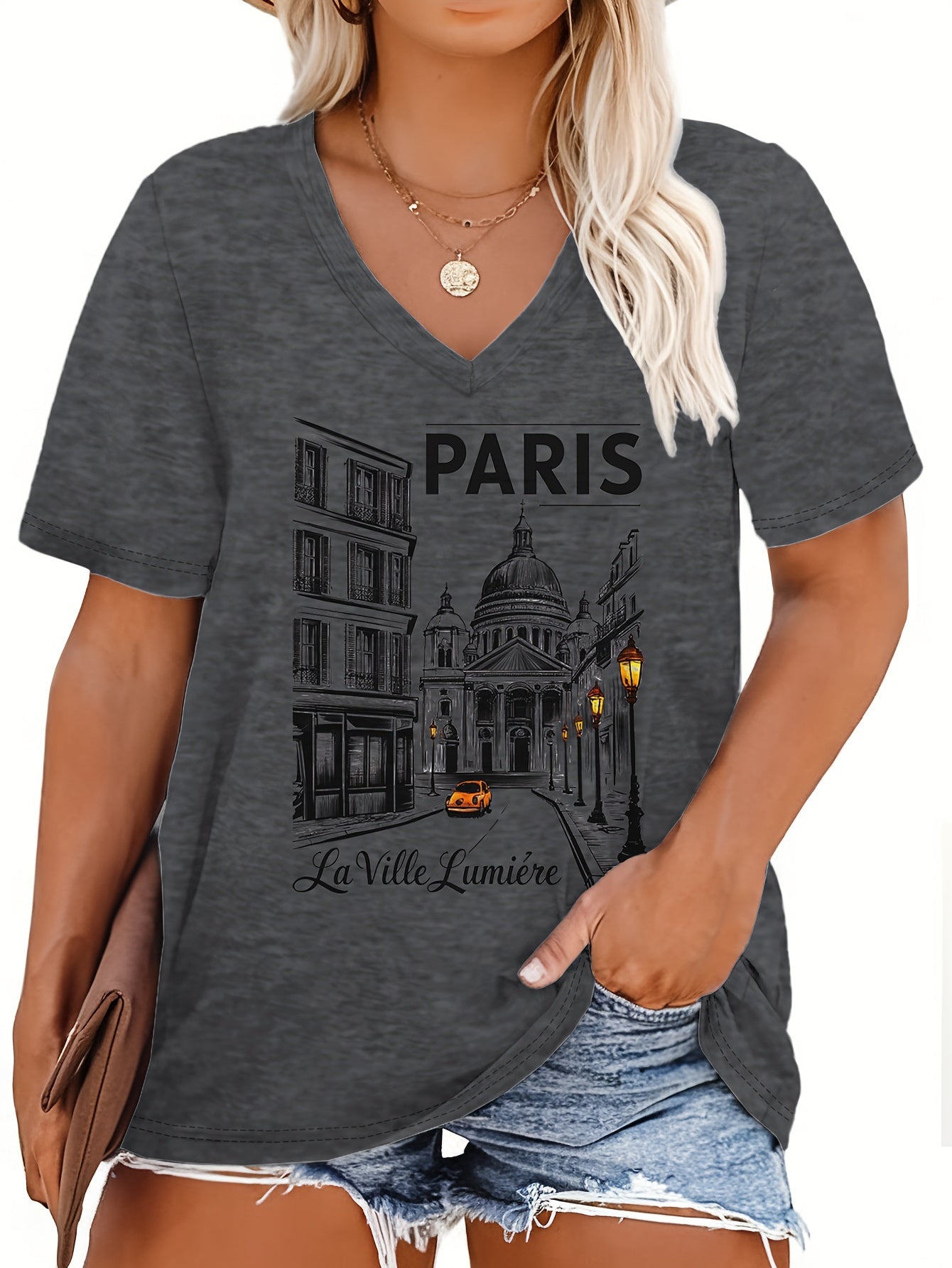 Plus Size V-Neck T-Shirt for Women Short Sleeve Spring Summer