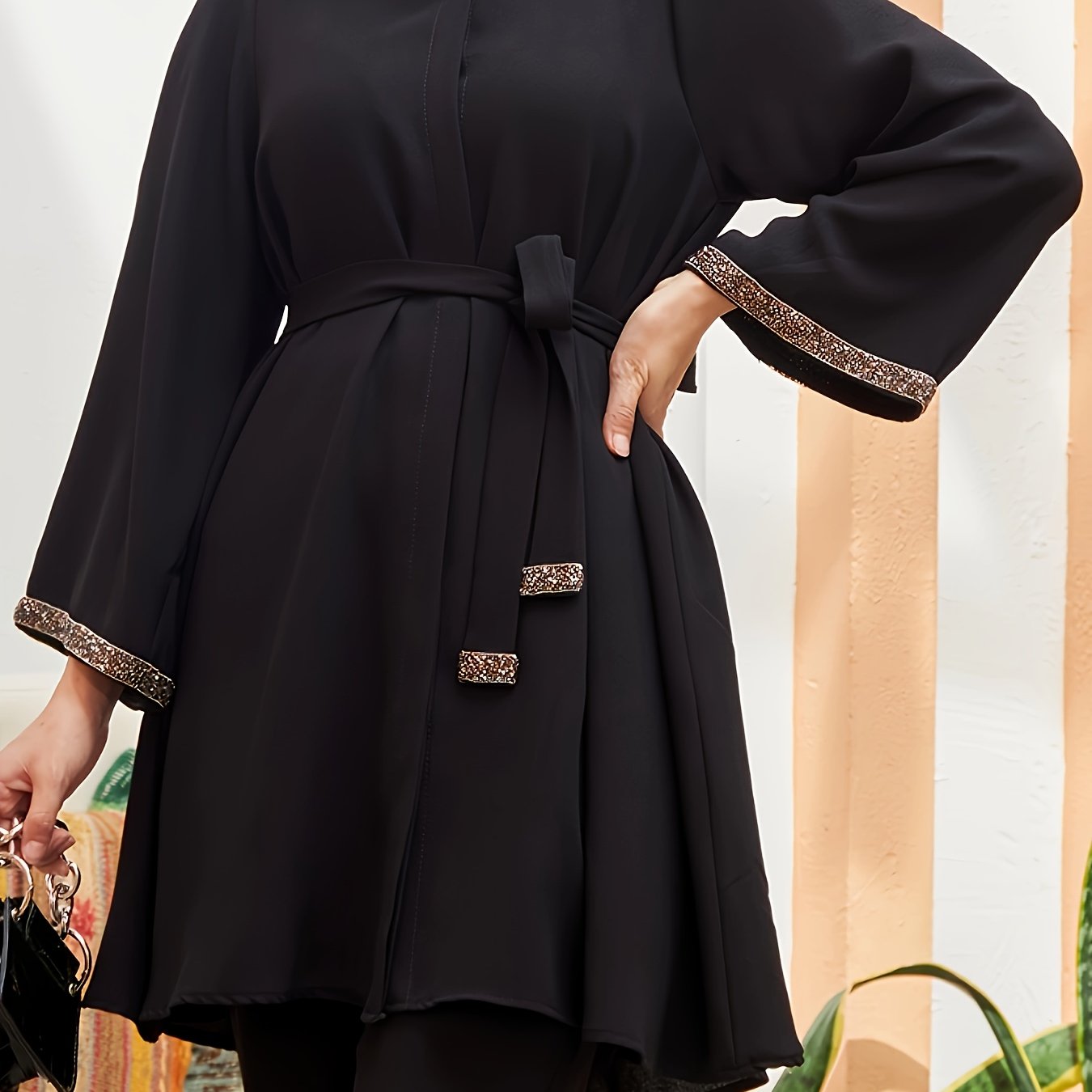 Women's Polyester Kaftan Dress with Contrast Trim and Belt