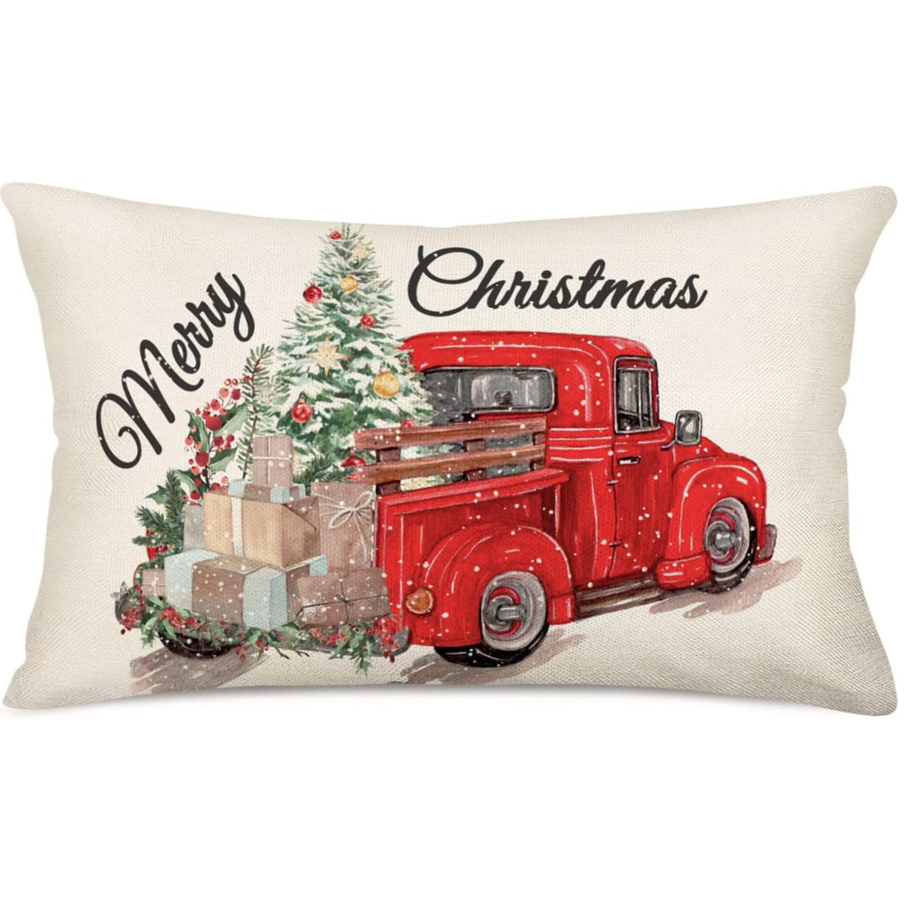 Merry Christmas Red Truck Pillow Cover Linen 30x50cm Zippered Washable