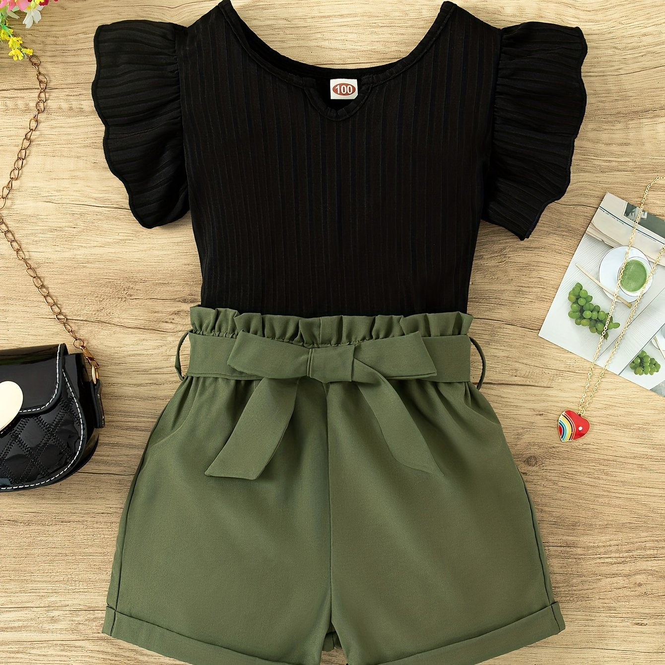 Girls Summer Outfit Set with Top and Shorts Bow Belt Solid Color Sleeveless Casual