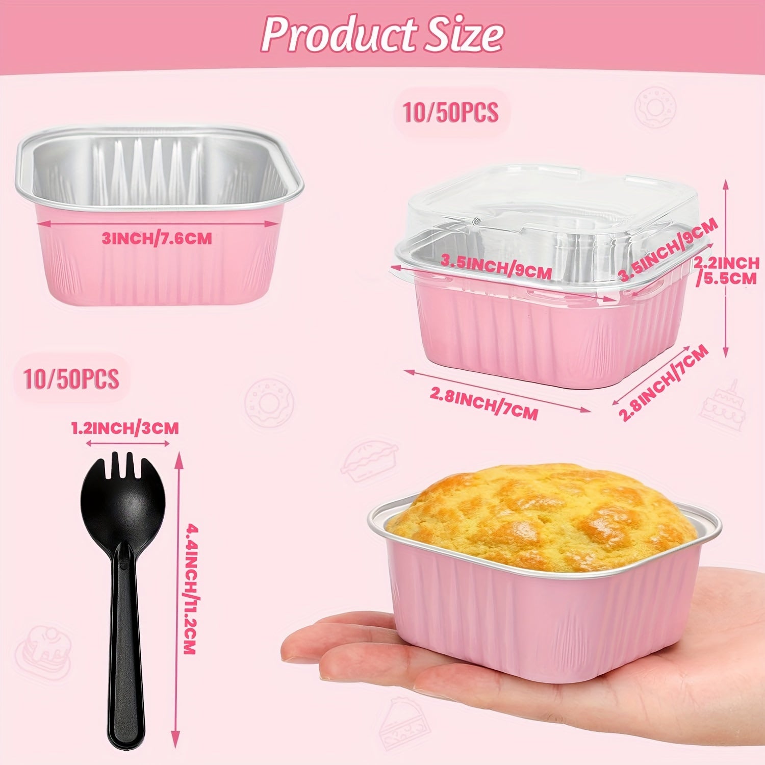 Mini Cake Pans Set 10 or 50 5oz Aluminum Square Baking Cups with Lids and Spoons