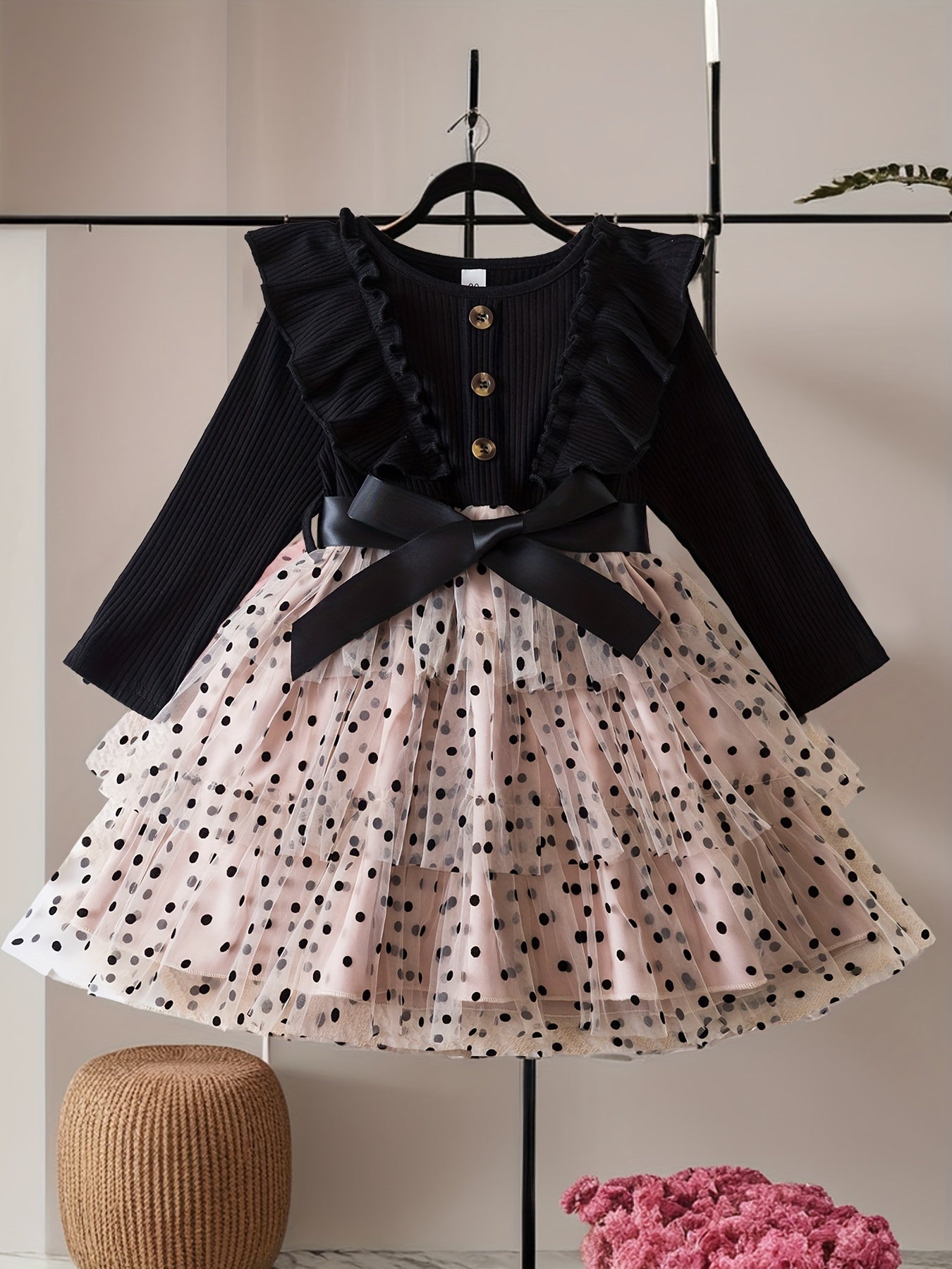 Girls Polka Dot Princess Dress with Mesh Layered Tutu for Fall Winter