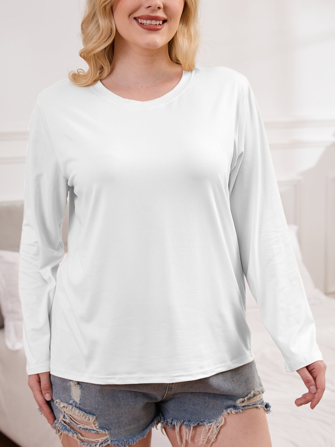 Plus Size Long Sleeve T-Shirt Breathable Stretchy Round Neck Solid Color All-Season