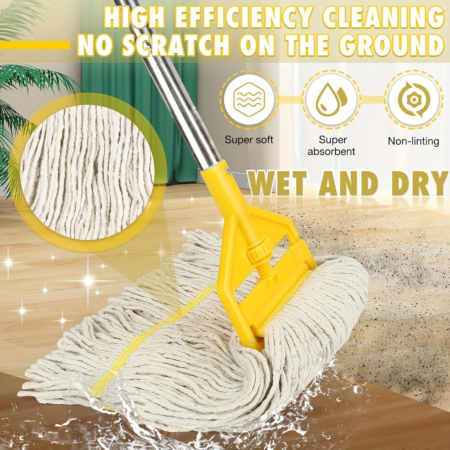 Turli sirtlarni tozalash uchun mo'ljallangan mustahkam va singdiruvchi pol tozalagich, yashash xonasi, yotoqxona, hammom, hojatxona va oshxonada foydalanish uchun. Oson foydalanish uchun tutqichi bo'lgan sariq ipdan yasalgan mop xususiyatlariga ega.