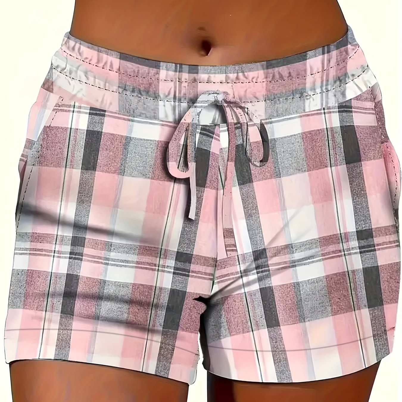 Plus Size Women Casual Summer Plaid Drawstring Shorts