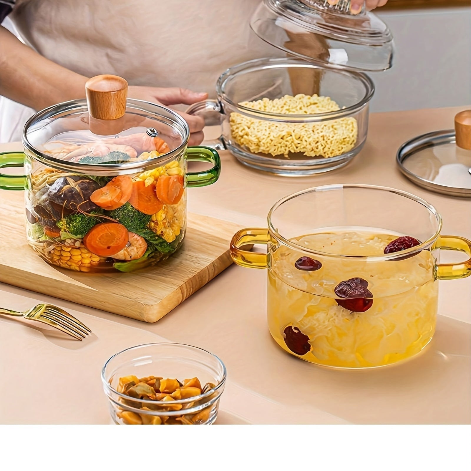 Qo'l bilan yasalgan shisha qozon to'plami qopqoq bilan - issiqqa chidamli plita qozoni va qozon, makaron, noodle, sho'rva, sut va bolalar ovqatini tayyorlash uchun ideal, plita uchun xavfsiz