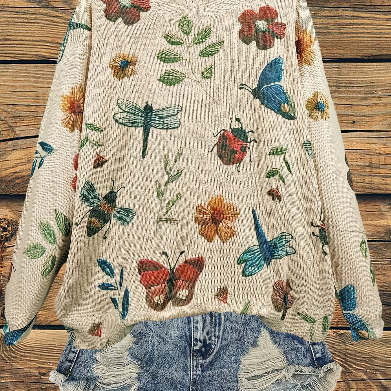 Women's Plus Size Floral Butterfly Pattern Knitted Pullover Crew Neck Long Sleeve Top