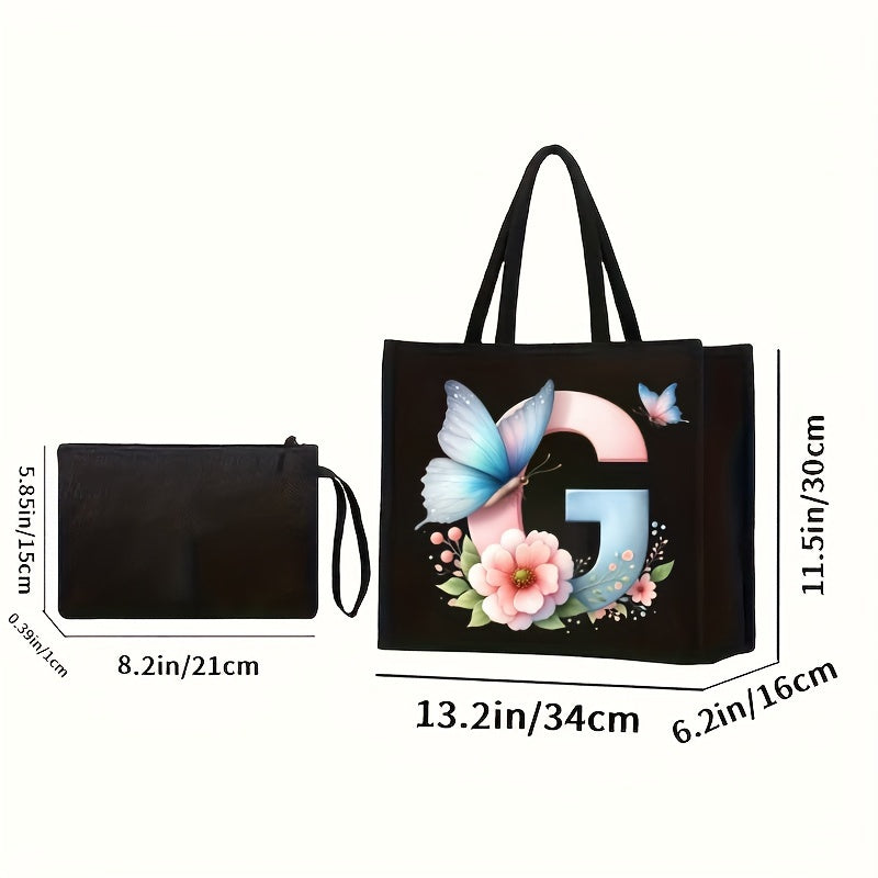 Set of 2 Floral Letter Print Canvas Tote Bags Large Handbag with Clutch Pouch