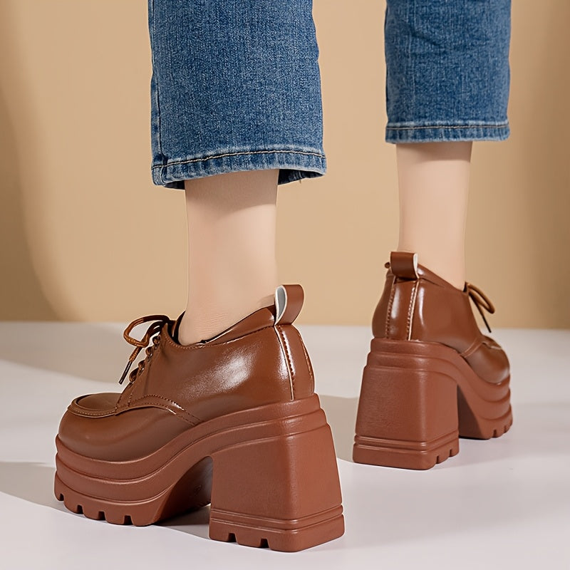 Women's Chunky Heel Lace-Up High Heels Brown Synthetic Rubber Sole