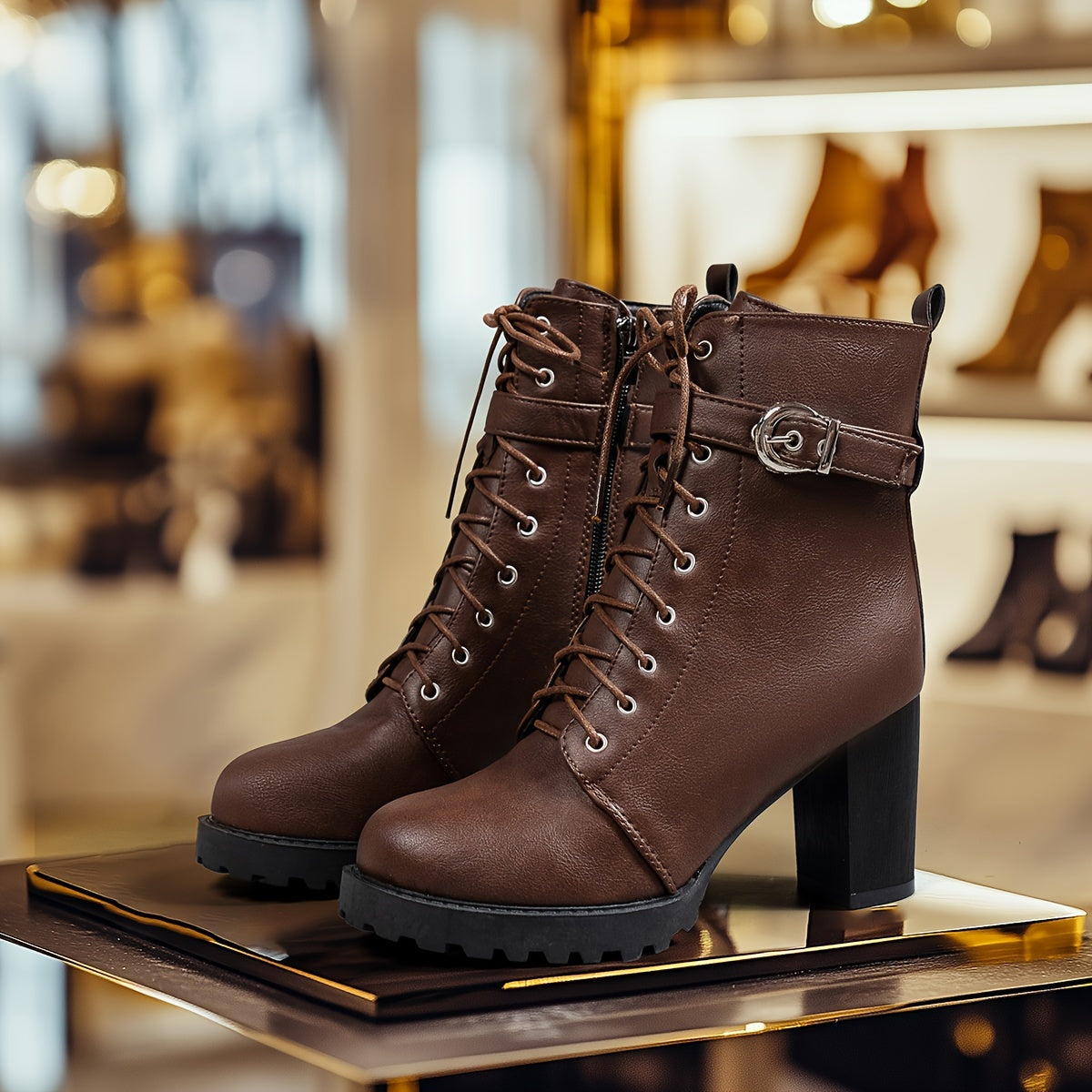 Женские ботинки на платформе с средним каблуком, однотонные, круглым носком, на шнуровке