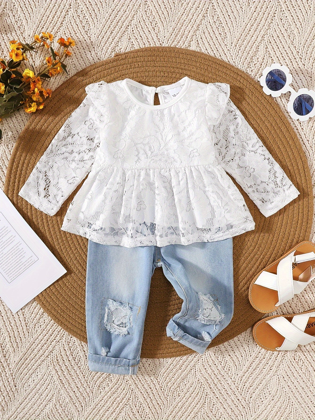 Girls' White Lace Fly Sleeve Top and Ripped Denim Jeans Set for Spring Summer Fall