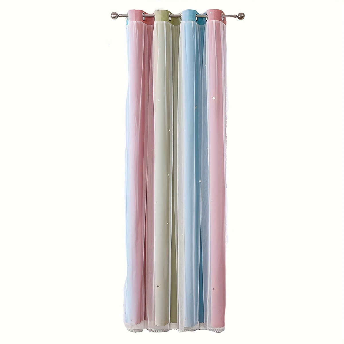 Эта занавеска с двойным слоем и люверсами украшена узором из звезд в виде радуги, идеально подходящим для добавления игривого акцента в вашу детскую, спальню или гостиную. Улучшите декор вашего дома с помощью этой очаровательной панельной занавески.