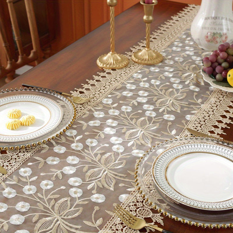 White Embroidered Organza Table Runner for Holiday Wedding Dining Decor