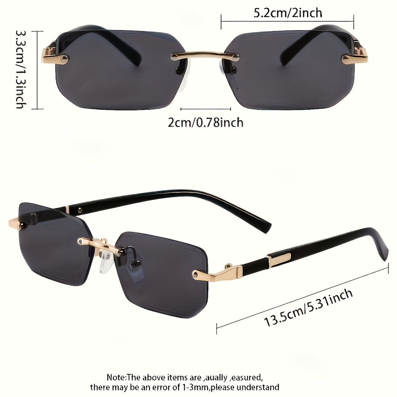 Men's Rimless Square Glasses Black Mirrored PC Frame Casual Hip Hop Fashion