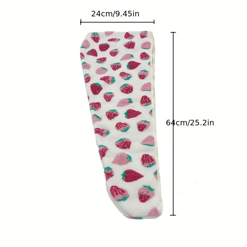 Women’s Strawberry Pattern Hair Drying Cap Soft Coral Fleece Quick-Dry Frizz Control