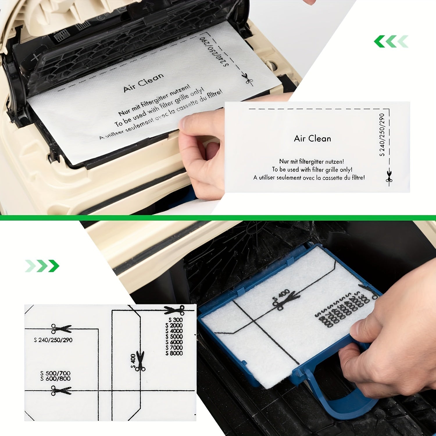 "O'rnini bosuvchi havo filtrlar va motorni himoya qiluvchi filtrlar S200-S899, S2000-S8999, Classic C1, Dynamic U1, Compact C1/C2 va Complete C1/C2/C3 kabi to'plam va vertikal changyutgich modellari uchun qulay 5-dan iborat to'plamda mavjud."