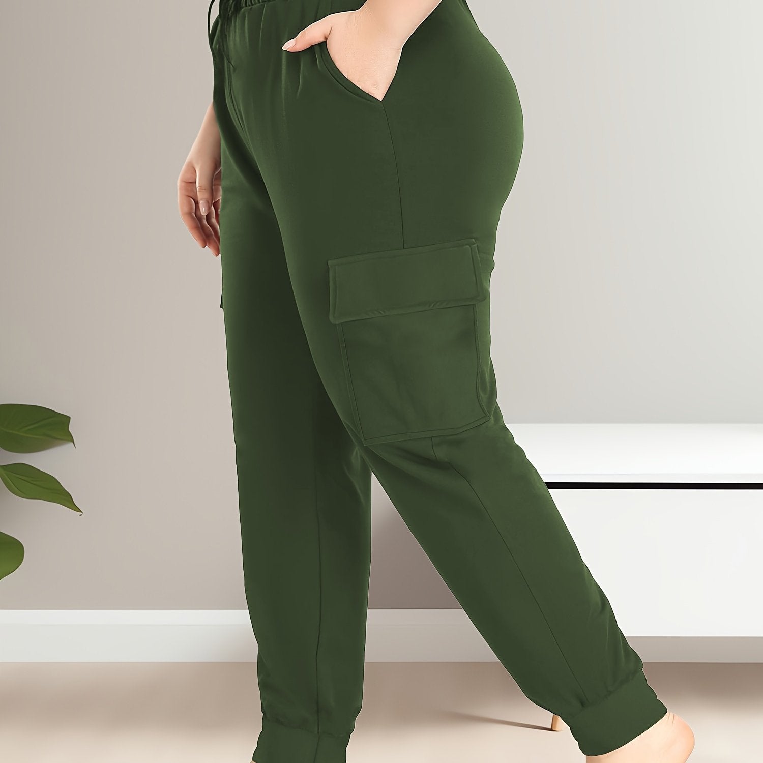 Pantalones cargo de talle alto para tallas grandes con bolsillos, poliéster elástico, cómodos
