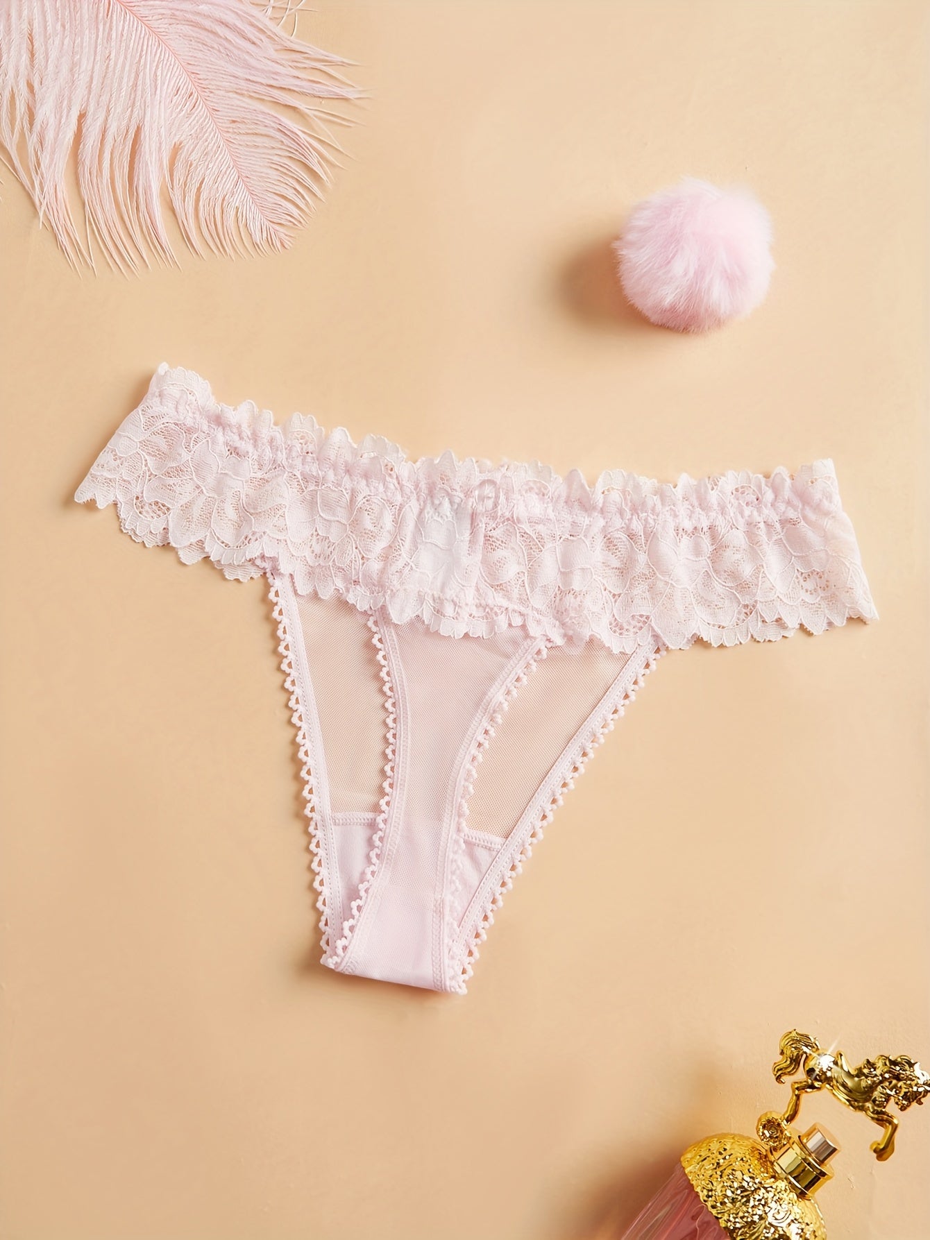 Women's Lace Panties with Removable Pom-Pom and Bunny Tail, Solid Color, Mid-Waist Polyester Lingerie