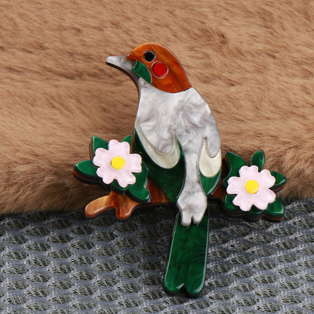 Vintage Inspired Bird Brooch Pin with Acrylic and Enamel Detailing