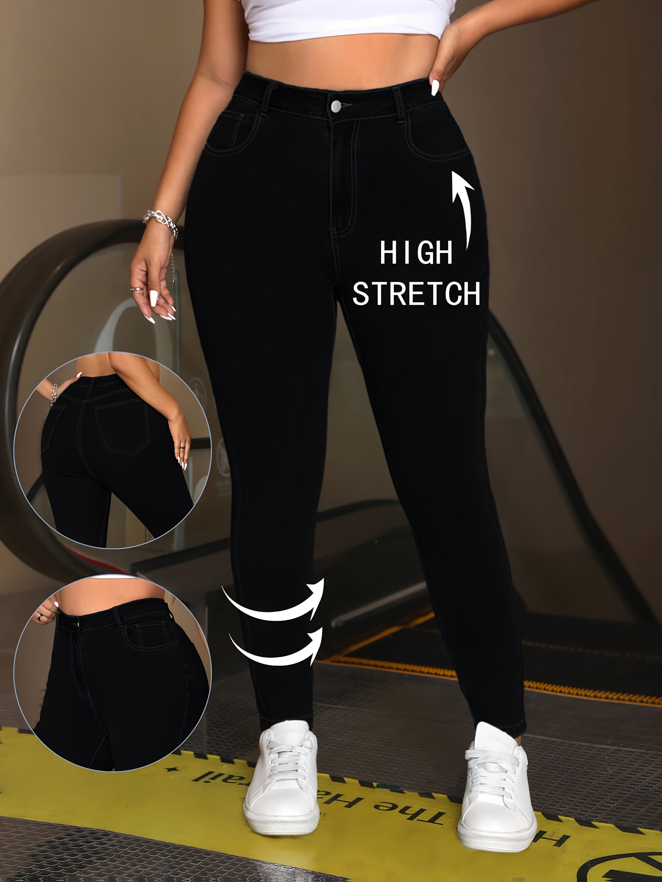 Ayollar uchun qora yuqori belli qattiq skinny jinsilar, cho‘ziladigan, shaffofsiz