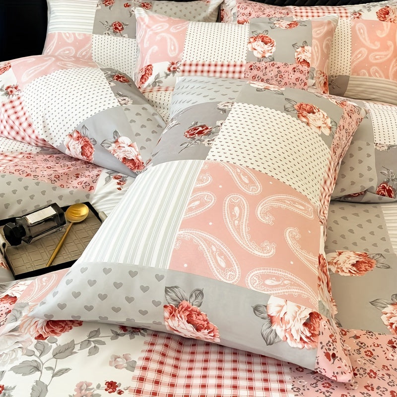 Pink Patchwork Quilt Cover Set Microfiber Soft Bed Decor with Pillowcases