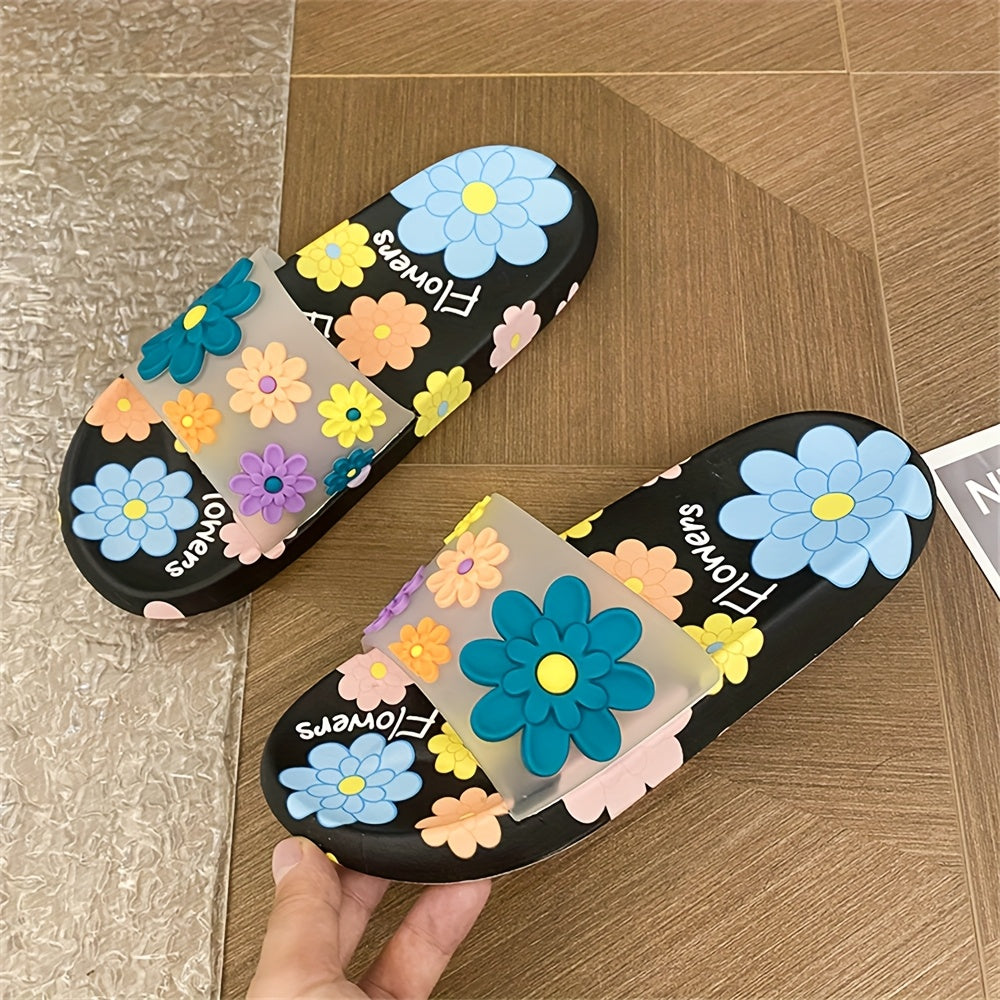 Ayollar uchun Daisy Slides yumshoq, sirg‘alishga qarshi ichki yozgi chiroyli poyabzal, qora gullar