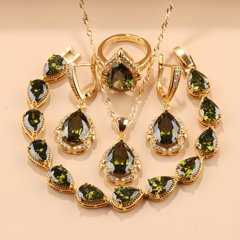 5-Piece Teardrop Jewelry Set with Earrings Necklace Pendant Ring Synthetic Stones Gold Plated Copper Zirconia for Weddings and Everyday