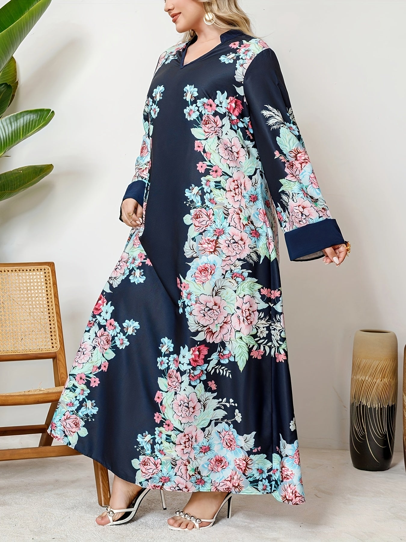 Plus Size Women's V-Neck Dress with Ethnic Print and Elegant Style