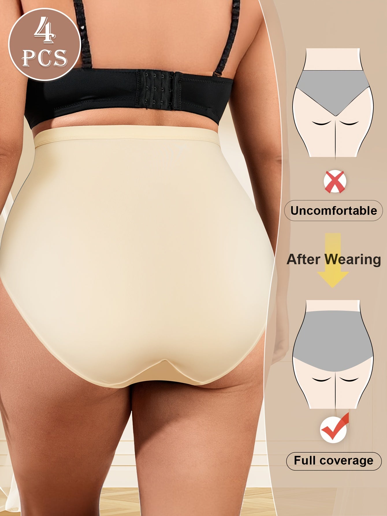 Women's High-Waisted Briefs 4 Pack Solid Color Full Coverage Stretch Polyester