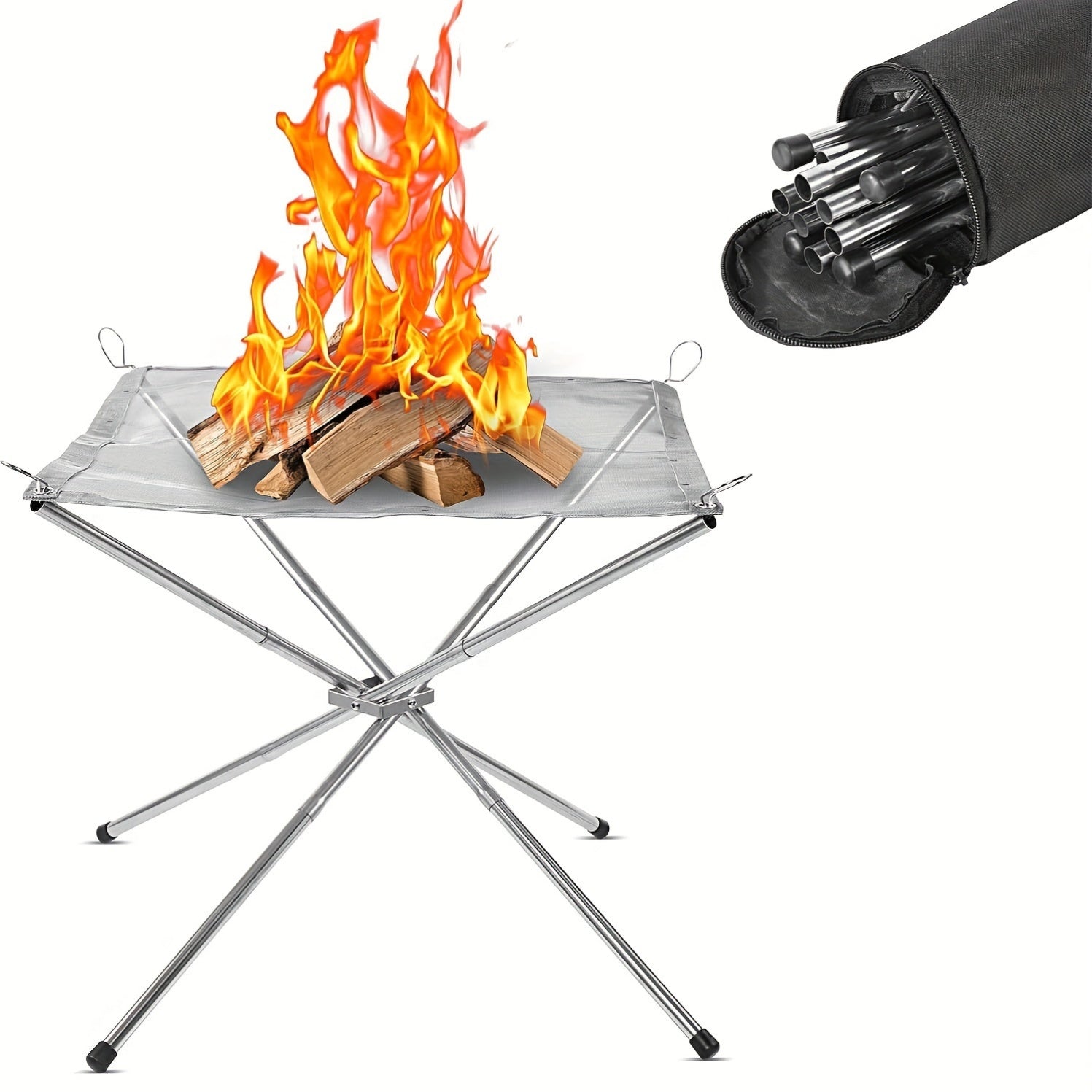 Portable Stainless Steel Campfire Grill with Collapsible Fire Stand and Log Carrier