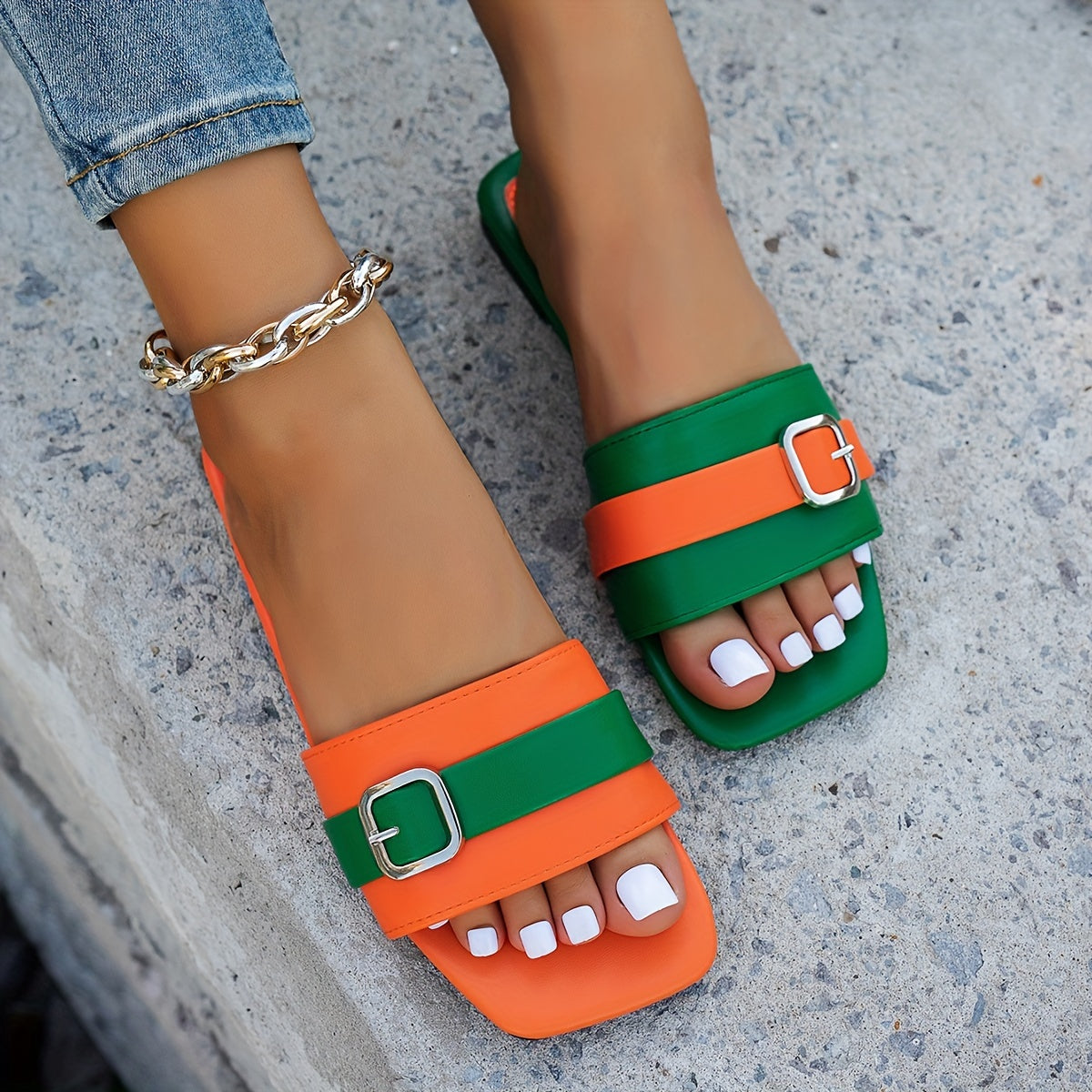 Women’s Solid Color Slip-On Flat Sandals Casual Vacation Rubber Soles