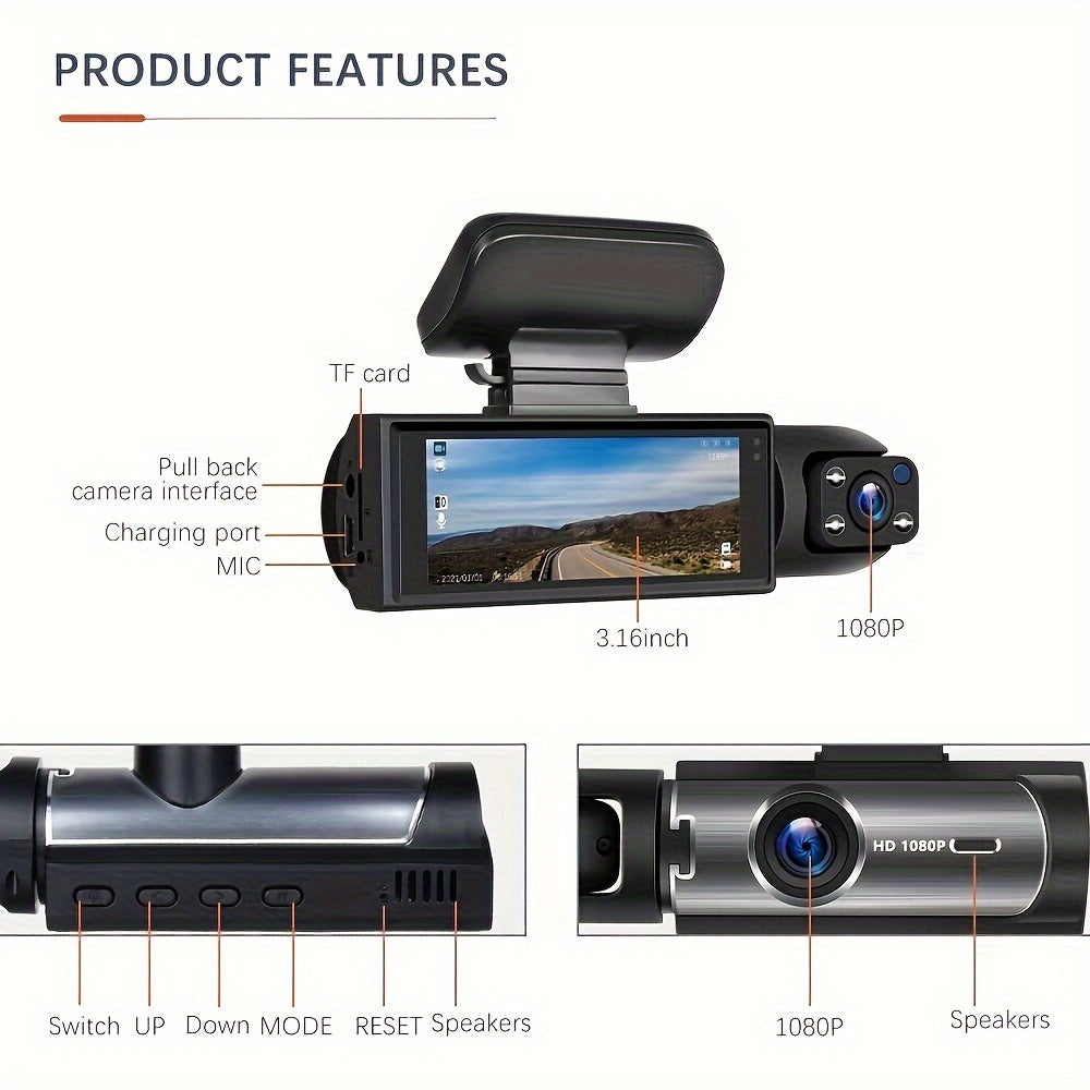 Car Dash Cam Front and Inside 1080P Night Vision Loop Recorder Wide Angle
