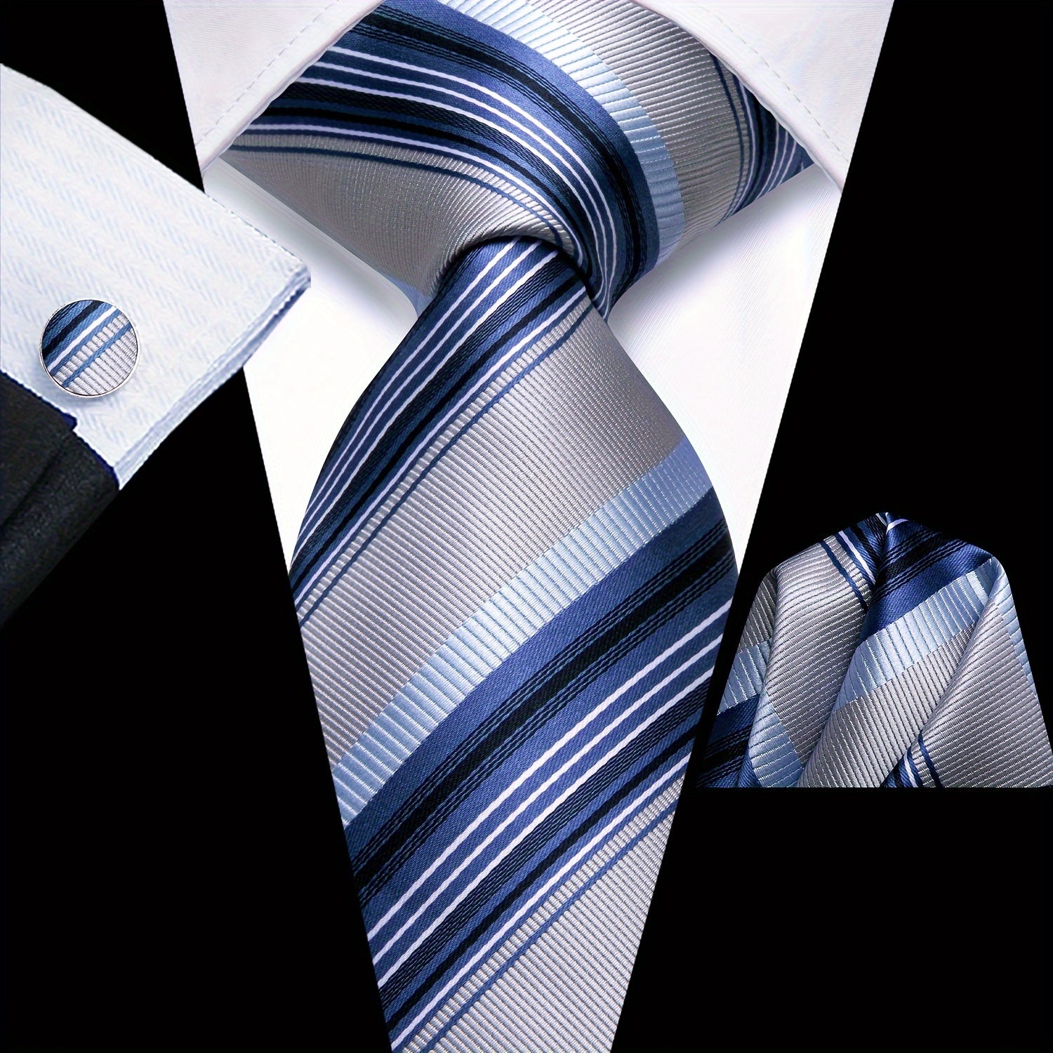 Men's Classic Striped Necktie Set with Cufflinks for Business and Party